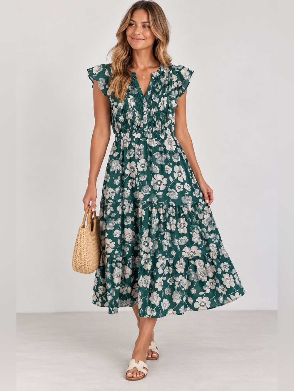 THML Green Floral Patterned Tiered Midi Dress Size Medium